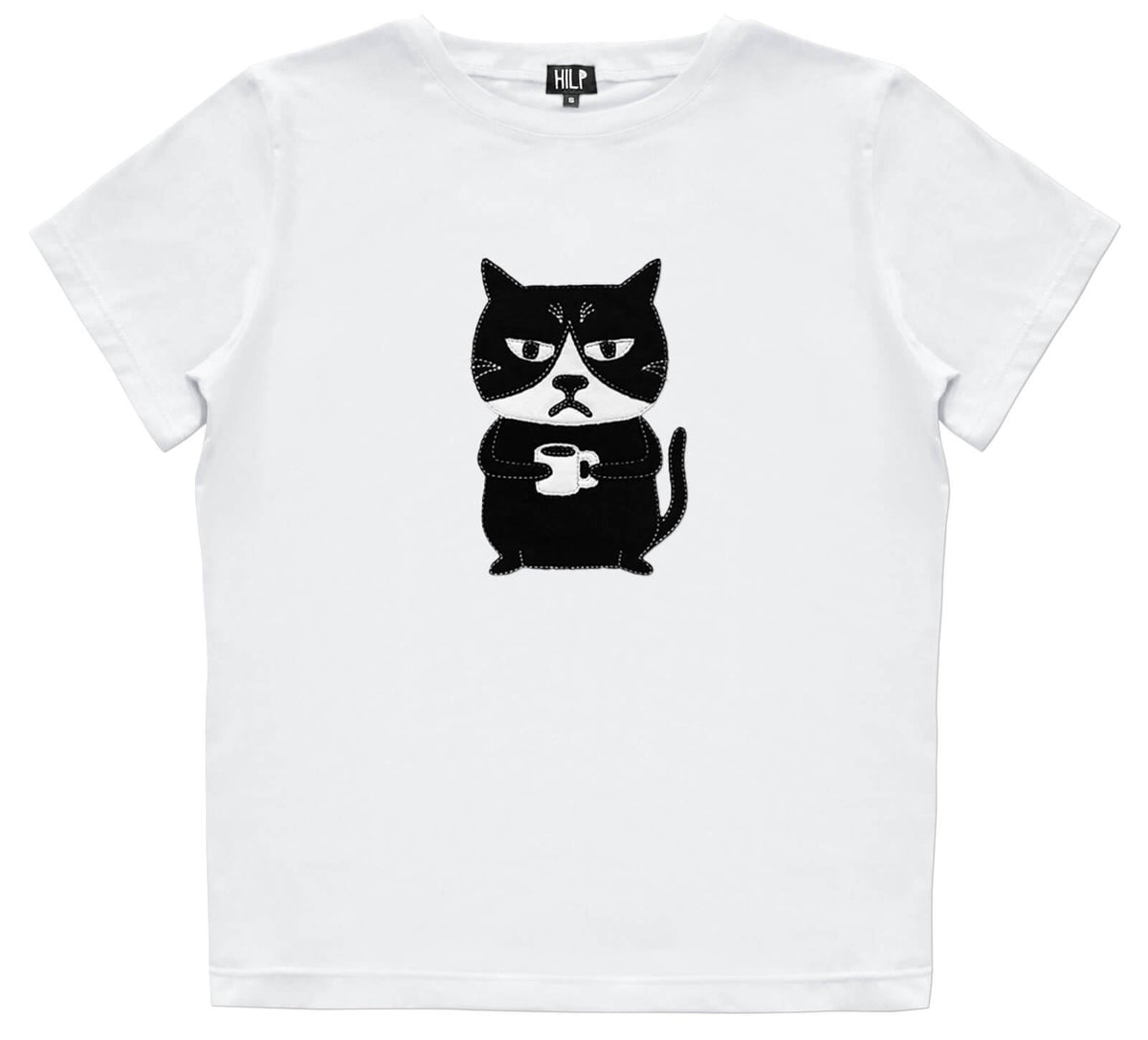 1. Women's Grumpy Cat T-Shirt in white by HILP, featuring a playful black cat graphic, studio shot