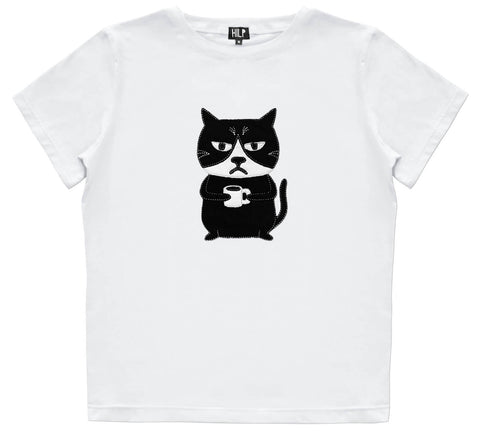 1. Women's Grumpy Cat T-Shirt in white by HILP, featuring a playful black cat graphic, studio shot