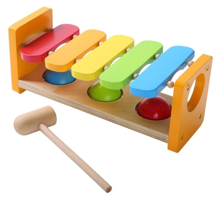 1. Gerardo's Toys 2in1 wooden musical hammer bench with colorful xylophone and balls, shown with wooden hammer, highlighting vibrant colors and educational play features