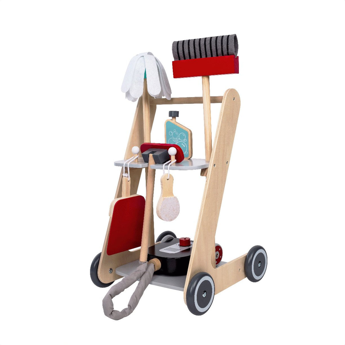 1. Wooden cleaning cart for kids with broom, mop, vacuum cleaner, dustpan, spray bottle, and brush, featuring a natural wood finish and red accents, designed for role-playing and motor skill development.