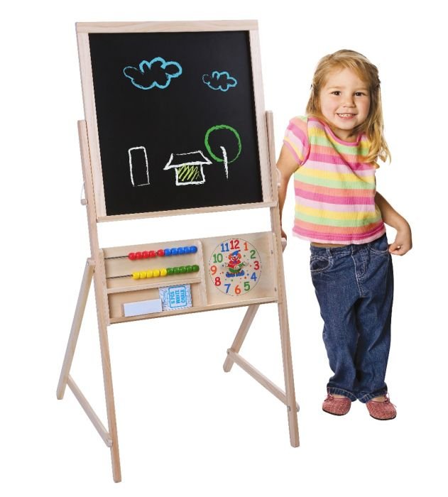 3. Gerardo's Toys double-sided chalkboard with colorful drawings, abacus, and clock, promoting creative play