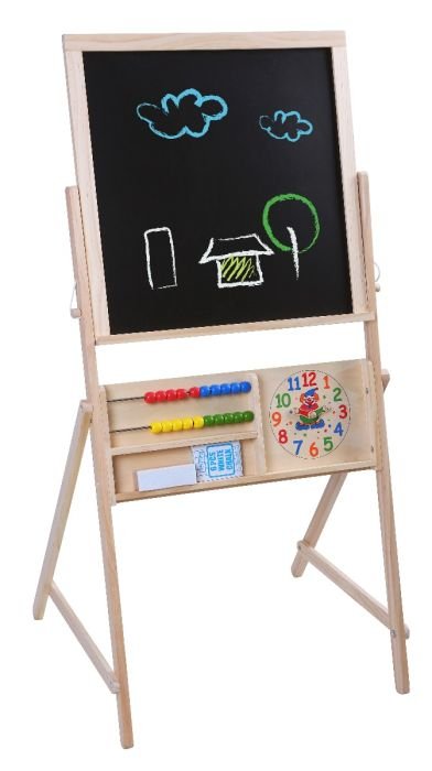 1. Child standing next to Gerardo's Toys double-sided chalkboard with colorful drawings, abacus, and clock, showcasing interactive play features