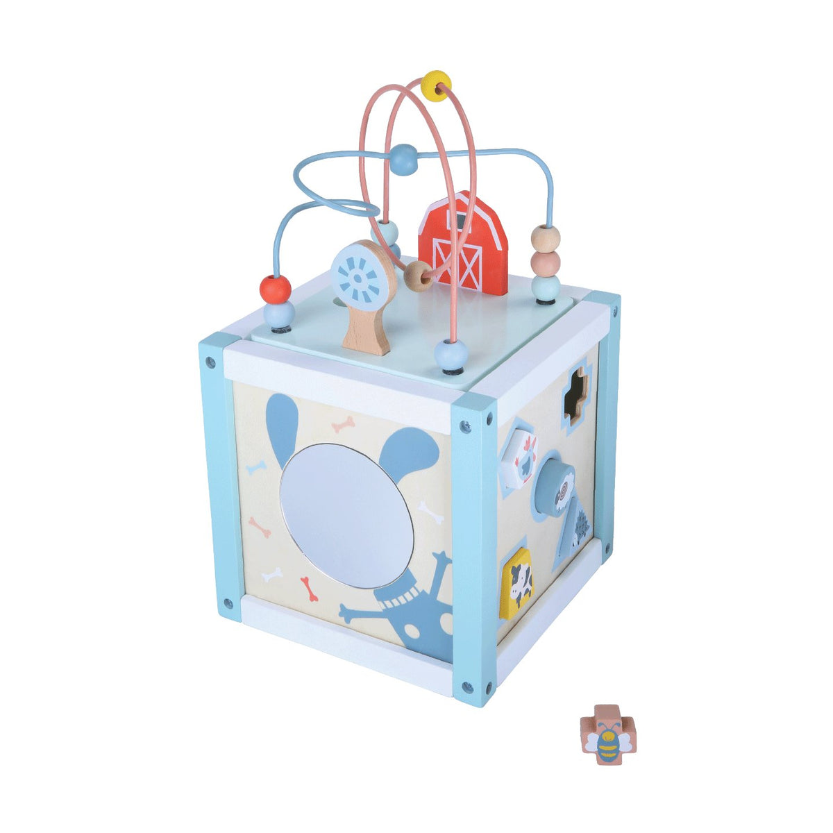 1. Gerardo's Toys wooden motor skills centre cube with colorful bead maze and shape sorter, featuring blue and white design, suitable for children 18 months and older, shown on black background