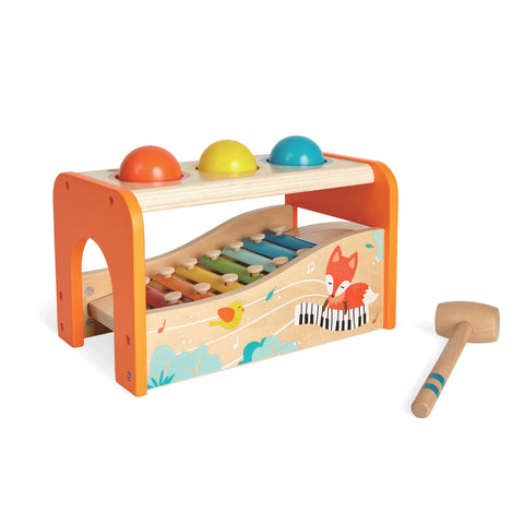 1. Wooden xylophone and ball game by Gerardo's Toys featuring orange, yellow, and blue balls with a hammer, colorful xylophone keys, and playful fox design on wooden frame