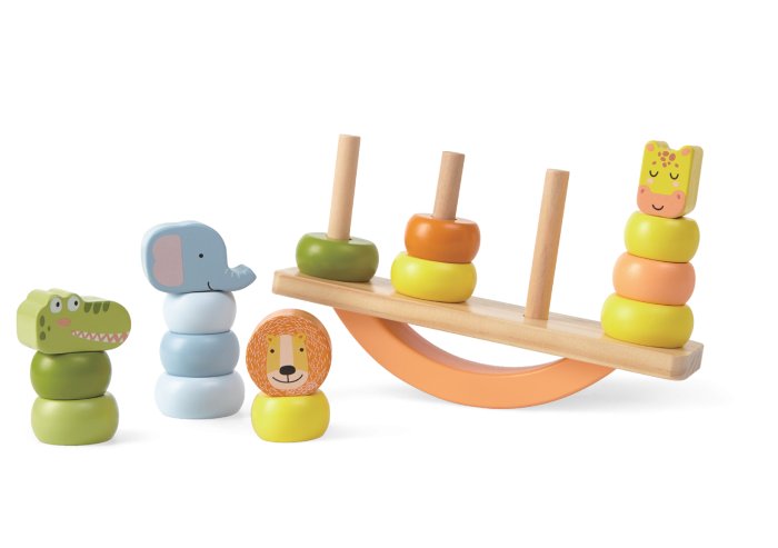 2. Disassembled wooden balance game showing animal figures and swing base, featuring crocodile, elephant, lion, and giraffe, by Gerardo's Toys