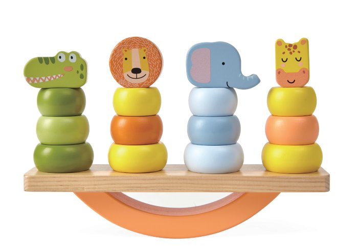 1. Wooden balance game with four colorful animal figures on a swing, including a crocodile, lion, elephant, and giraffe, by Gerardo's Toys