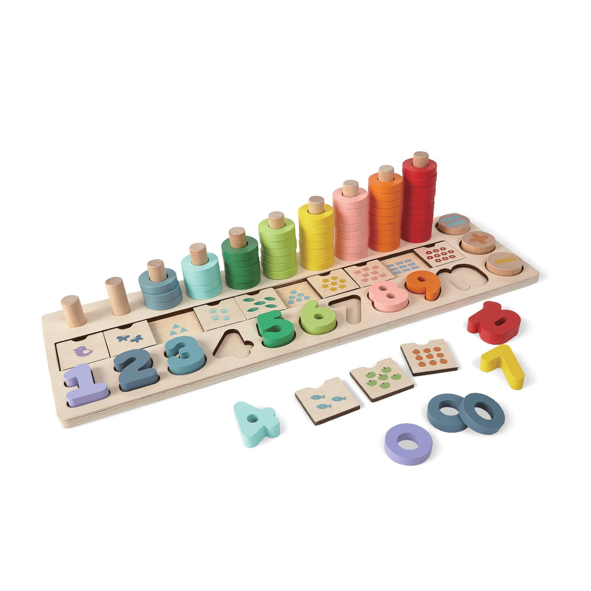 1. Wooden math game set by Gerardo's Toys featuring colorful rings, numbers, and arithmetic symbols on a black background, designed to enhance children's motor skills and creativity.