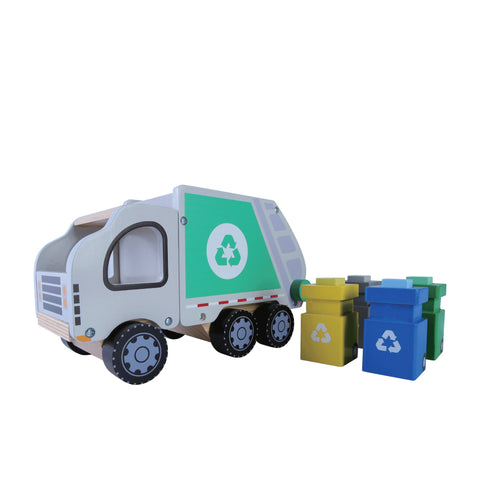 1. Wooden garbage truck toy with four colorful recycling bins for glass, paper, bio-waste, and general waste, featuring a green recycling symbol on a black background