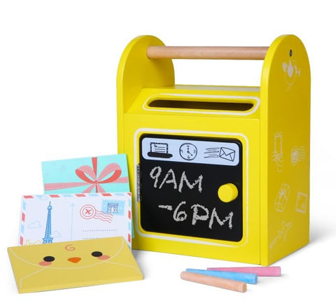 1. Yellow wooden mailbox toy with chalkboard front displaying '9AM - 6PM', includes colorful envelopes and chalk, by Gerardo's Toys