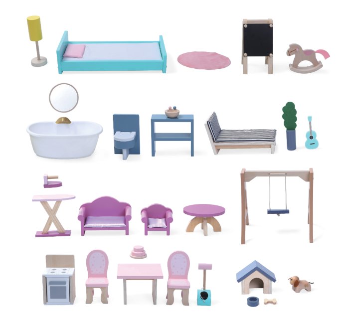 4. Flat lay of wooden dollhouse furniture set including bed, sofa, dining table, swing, and doghouse