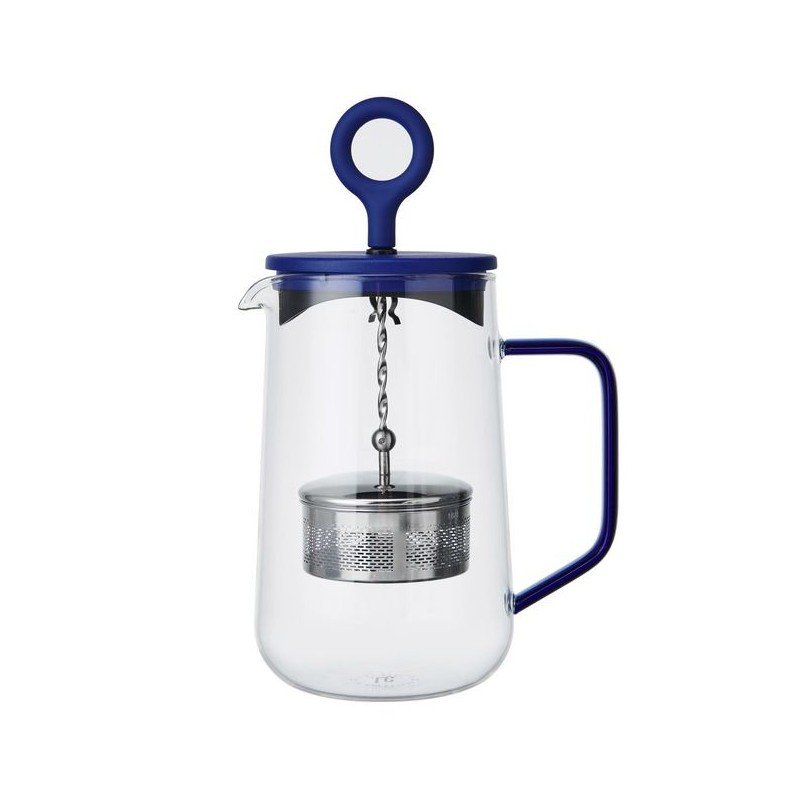 1. Blue and transparent glass Gyro teapot with infuser and plunger, 1.25 liters, by La Cafetière, shown on white background