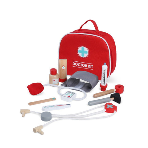 1. Wooden doctor's tool set for children featuring stethoscope, blood pressure monitor, medicine bottle, ointment, tongue depressor, thermometer, syringe, reflex hammer, otoscope, and red carrying case with medical cross logo