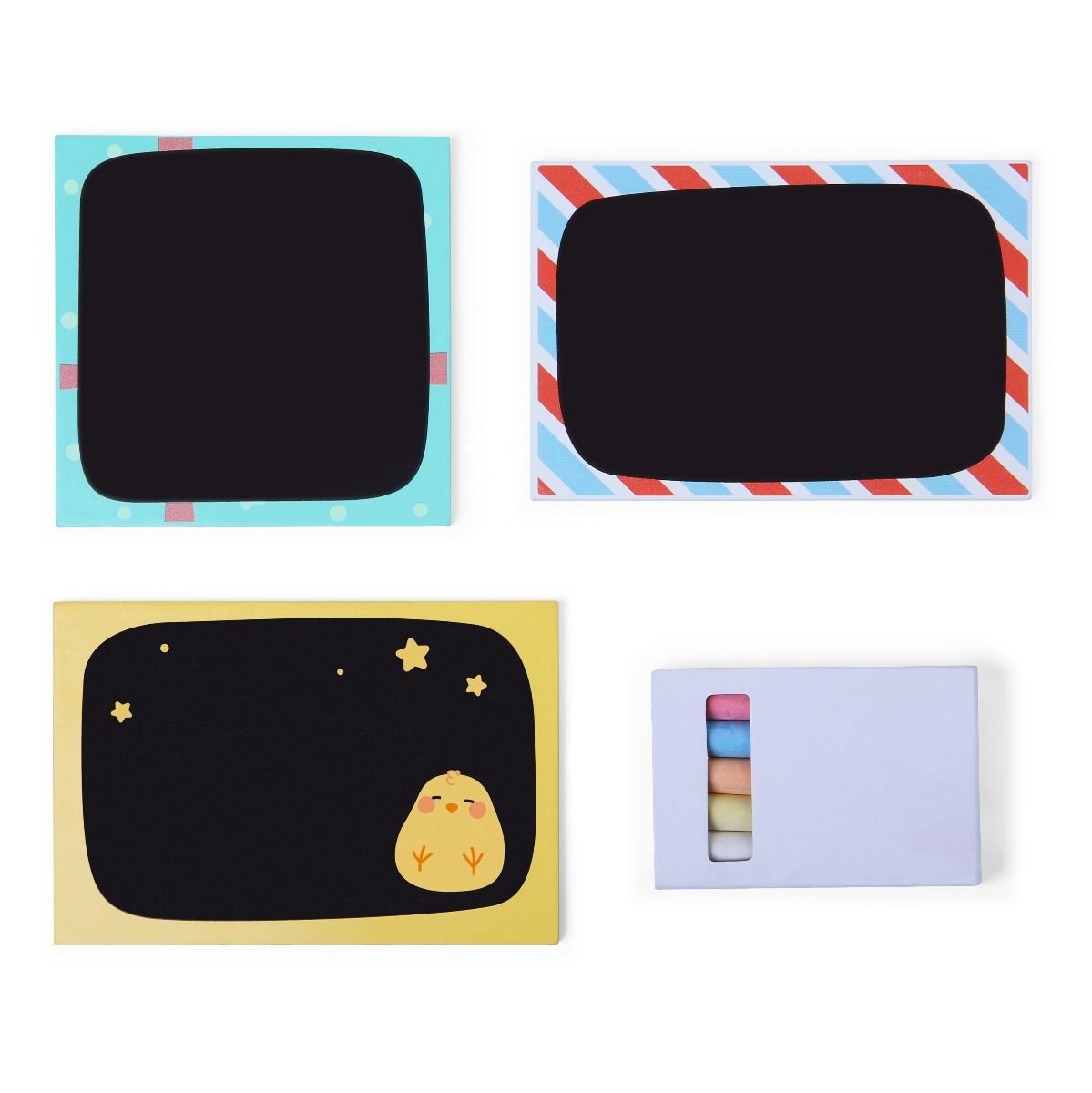 3. Set of black chalkboard cards with colorful borders and a small box of chalk, by Gerardo's Toys