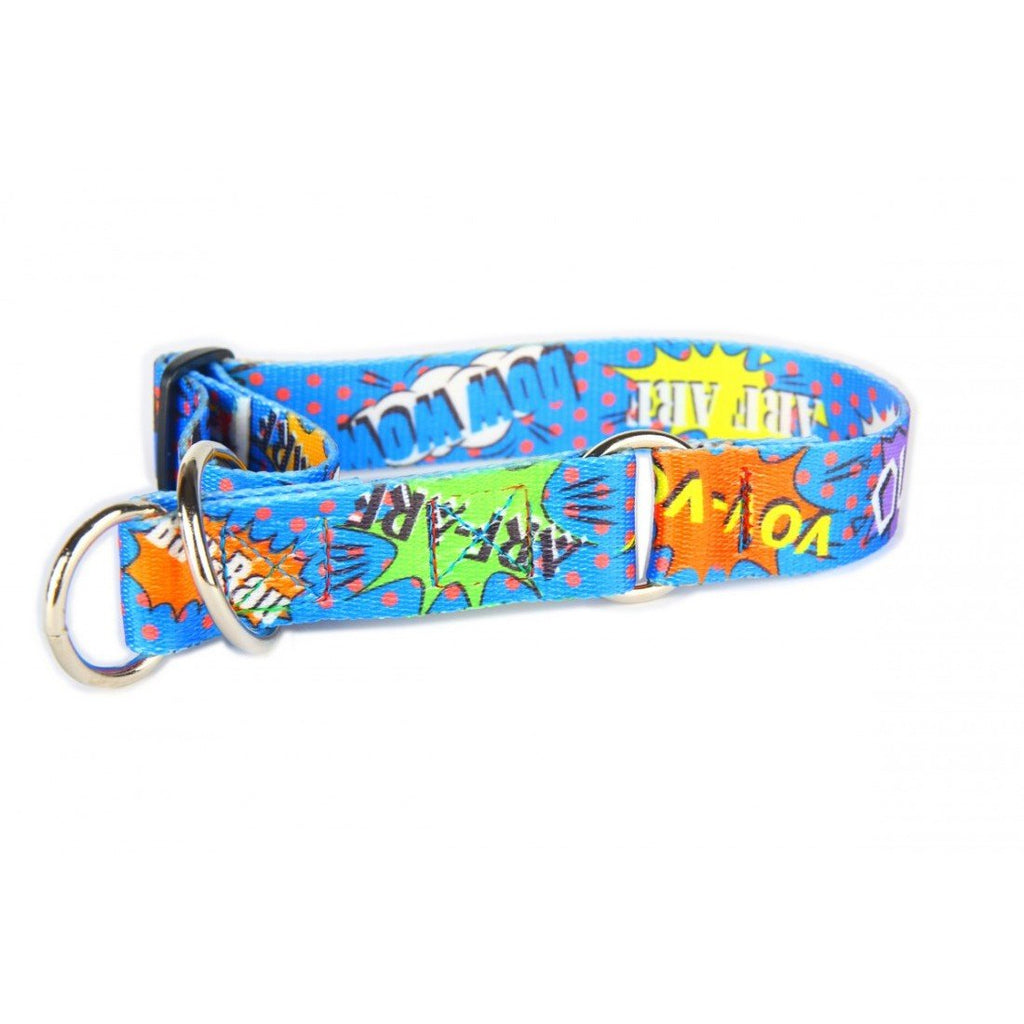 1. Blue graffiti-patterned dog collar with nickel-plated hardware, featuring colorful comic-style graphics, designed for large breeds