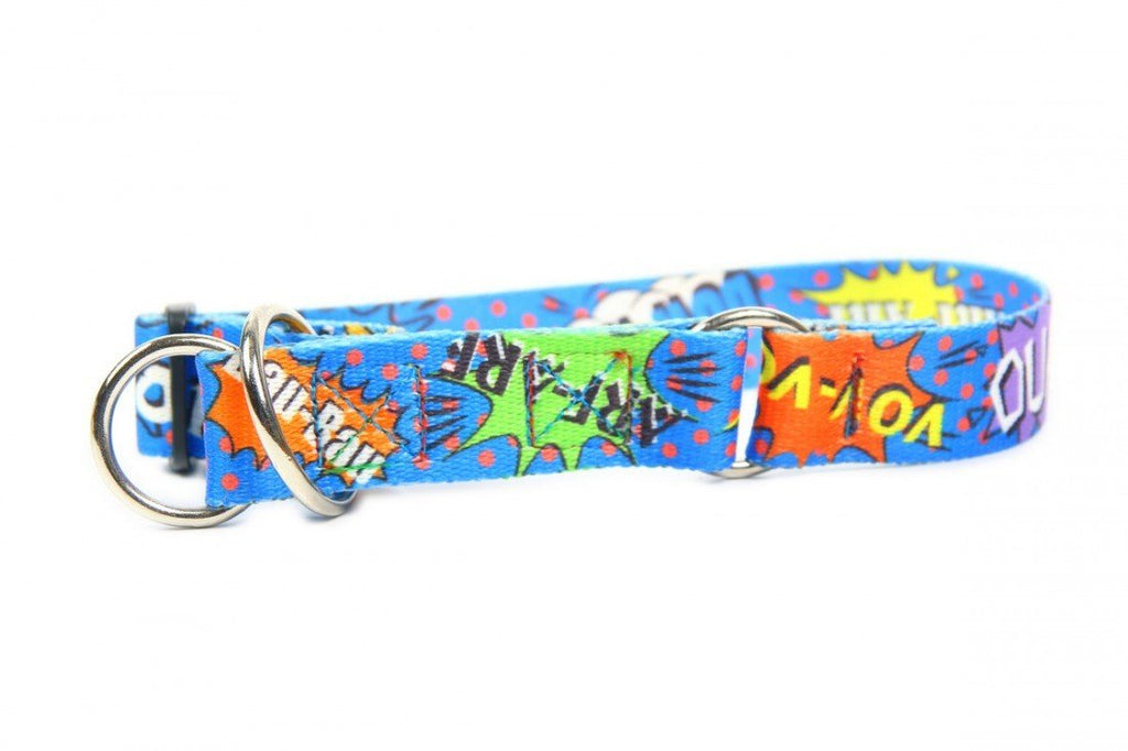 3. Close-up of blue graffiti dog collar with colorful comic designs and durable nickel-plated hardware