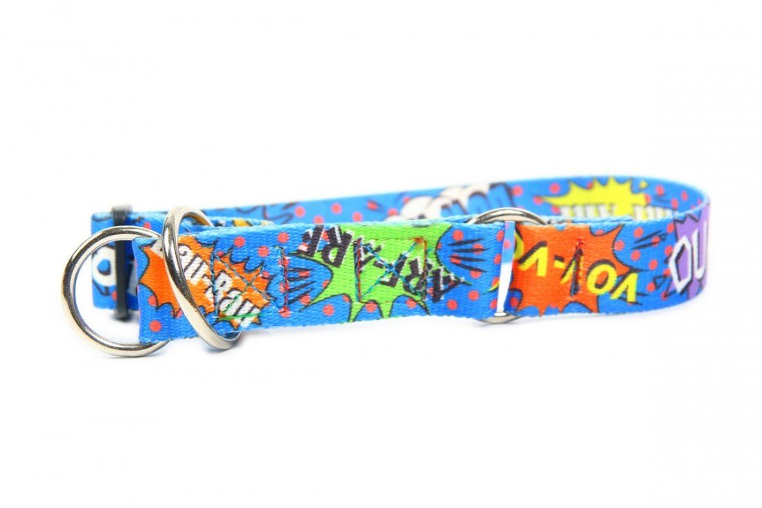 3. Close-up of blue graffiti dog collar with colorful comic designs and durable nickel-plated hardware