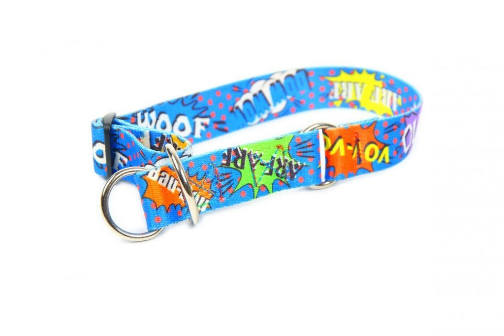 2. Blue graffiti dog collar with vibrant comic graphics and strong nickel-plated rings, ideal for large dogs