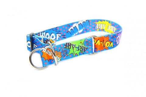 2. Blue graffiti dog collar with vibrant comic graphics and strong nickel-plated rings, ideal for large dogs