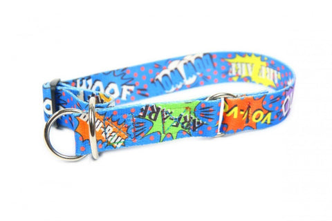 4. Blue graffiti-patterned dog collar with comic-style graphics and polished nickel-plated hardware, suitable for large breeds