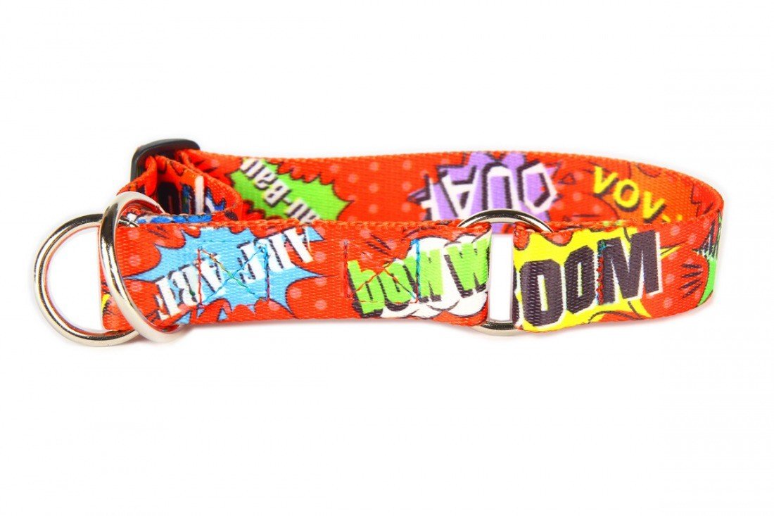 3. Close-up of red graffiti-patterned half choke collar showing vibrant comic-style print and sturdy nickel-plated hardware.