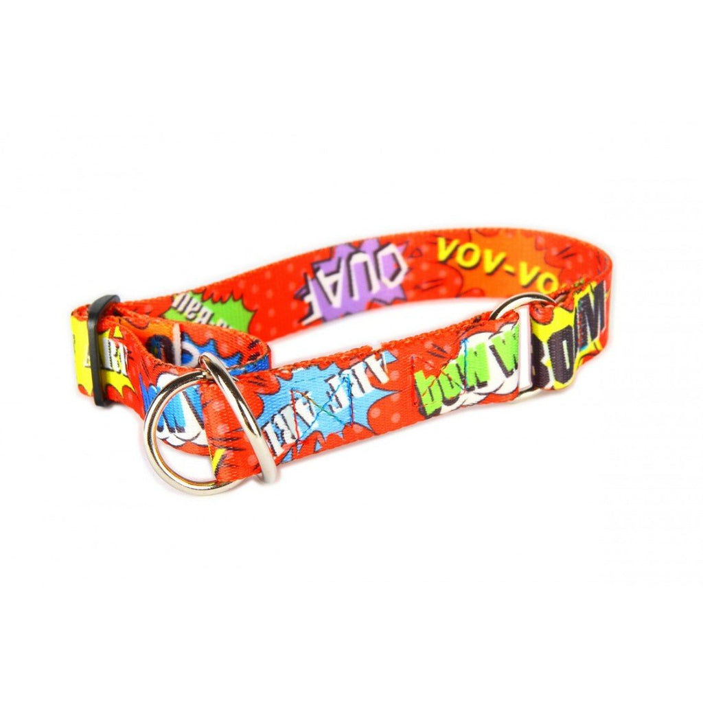 1. Red graffiti-patterned half choke collar with nickel-plated hardware for large dogs, featuring colorful comic-style text and durable woven tape.