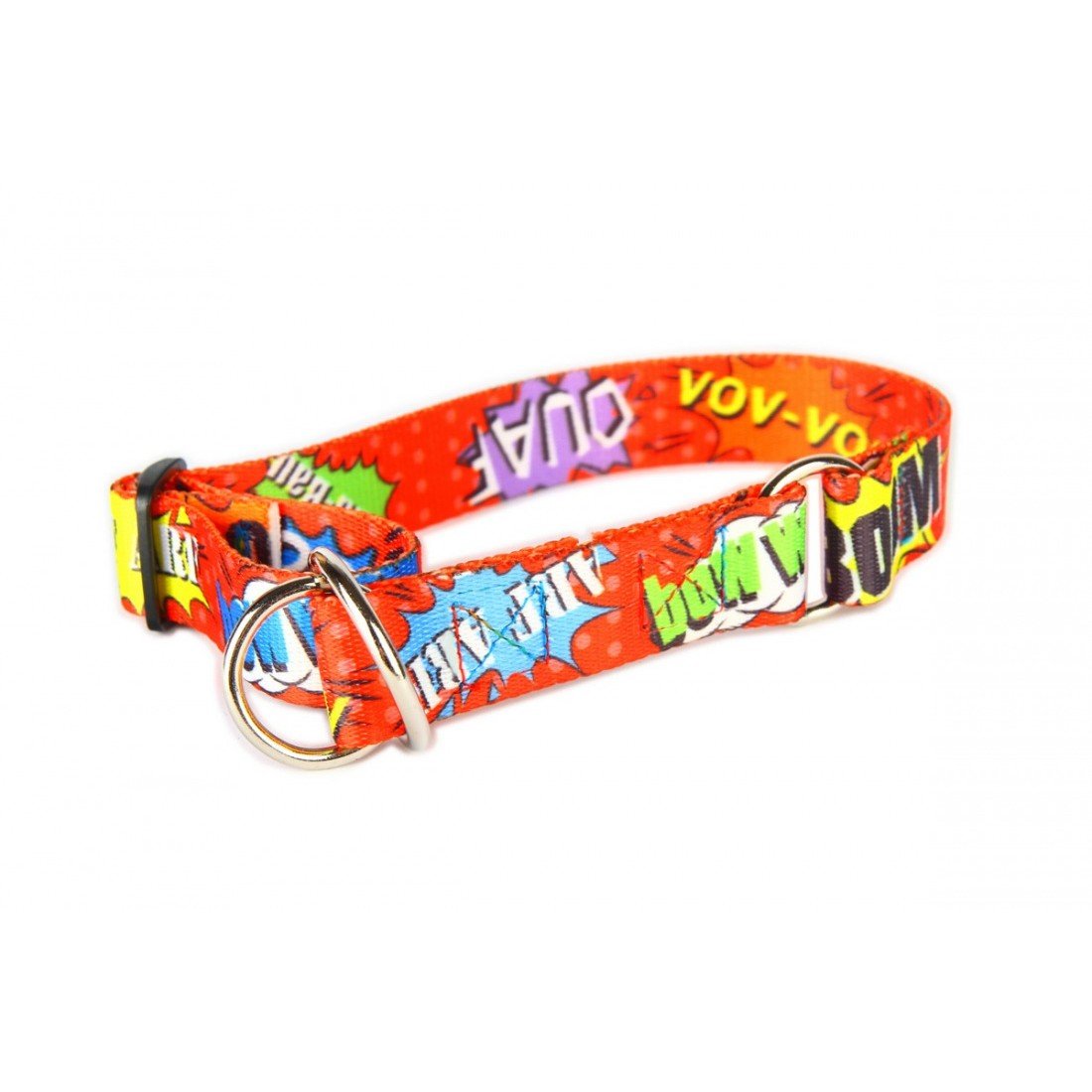 1. Red graffiti-patterned half choke collar with nickel-plated hardware for large dogs, featuring colorful comic-style text and durable woven tape.