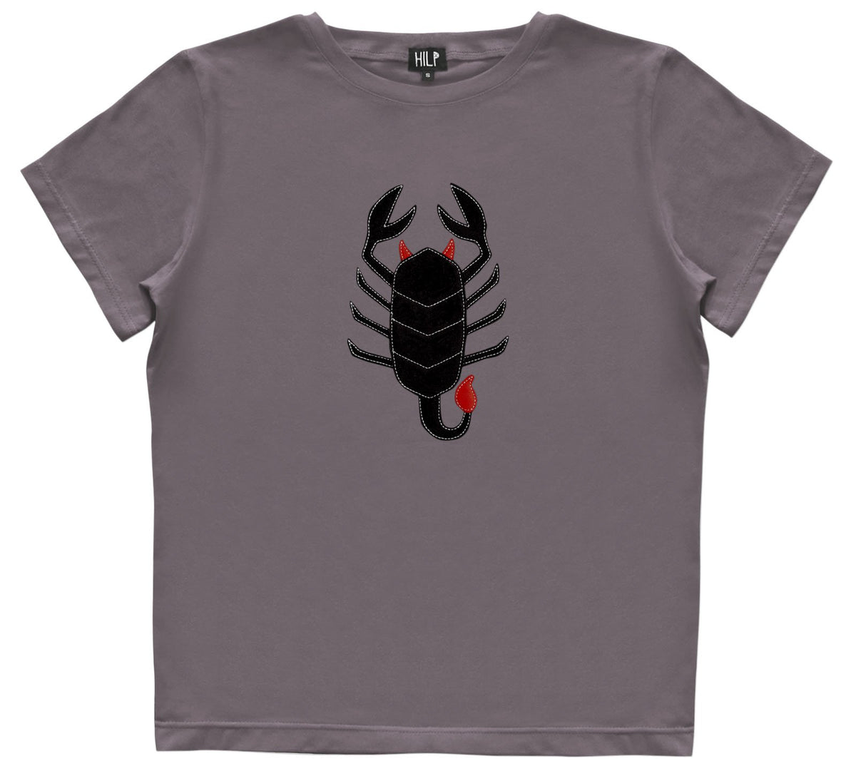 4. Women's Scorpio T-shirt by HILP in grey, displaying a black scorpion design, studio shot