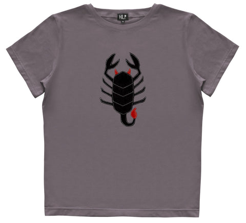 4. Women's Scorpio T-shirt by HILP in grey, displaying a black scorpion design, studio shot