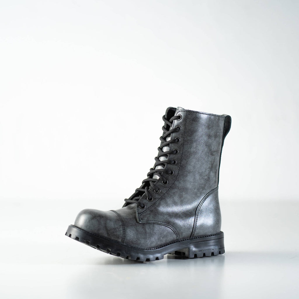 1. Unisex 511 Gray boots by Samelin in studio, showcasing punk-style design and water-repellent leather