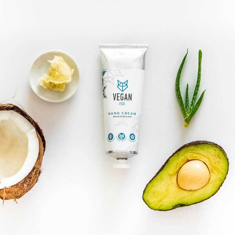 1. Vegan Fox Moisturising Hand Cream with avocado oil, coconut, and aloe, shown with ingredients in a flat lay