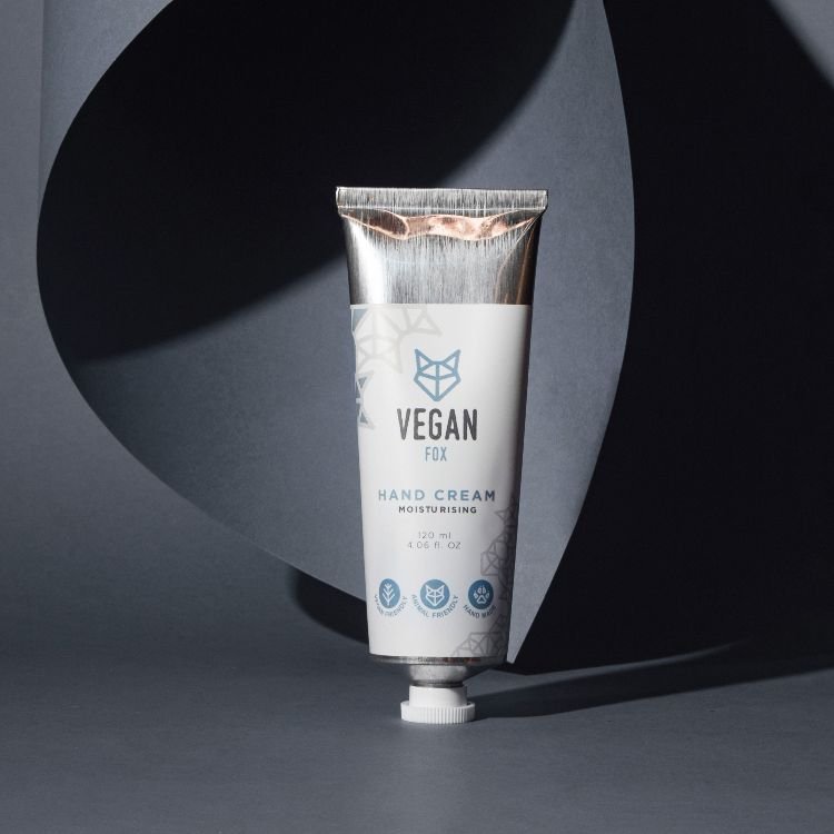 6. Studio shot of Vegan Fox Moisturising Hand Cream, highlighting sleek design and branding