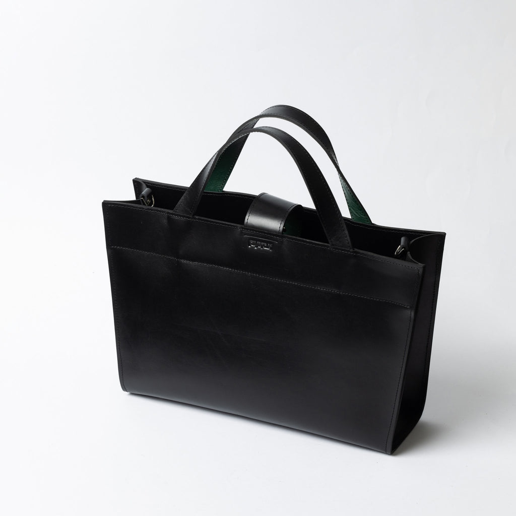4. Black leather MONIKA tote bag with dual handles on white background