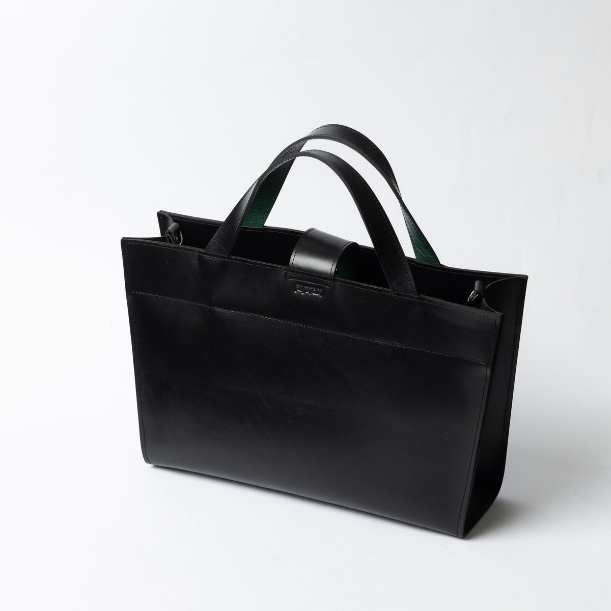 4. Black leather MONIKA tote bag with dual handles on white background