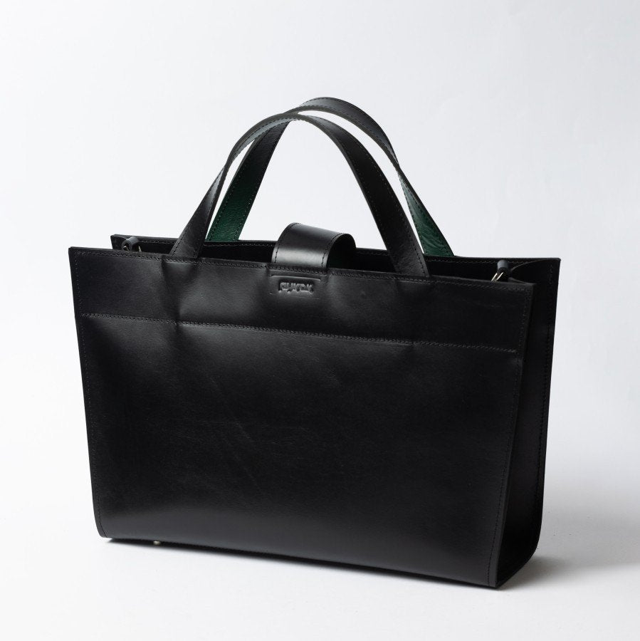 2. Front view of black leather MONIKA tote bag with dual handles