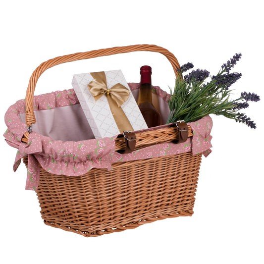 1. Handmade wicker bike basket with pink floral fabric liner, containing a wine bottle, gift box, and lavender, showcasing spaciousness and style