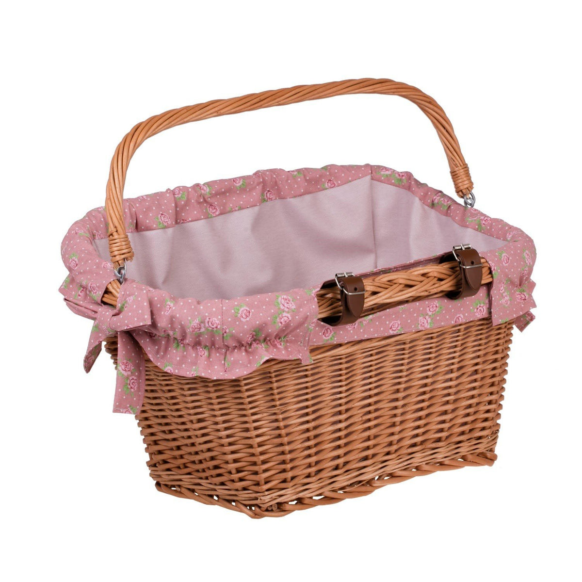 4. Handmade wicker bike basket with pink floral fabric liner and leather straps, shown from an angle, highlighting easy attachment