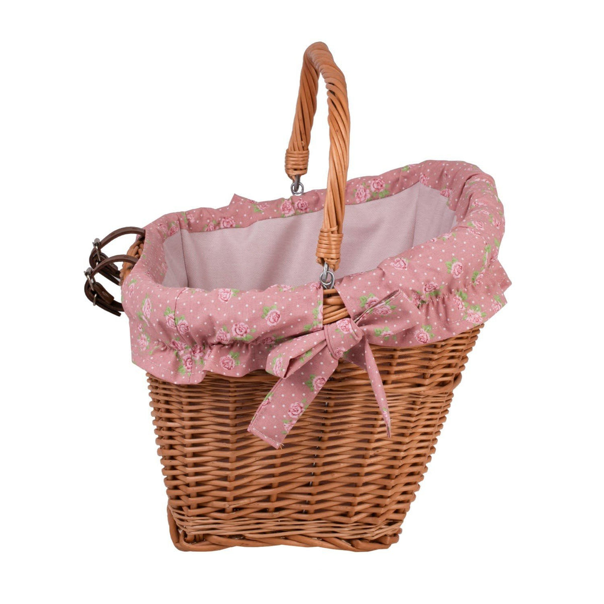 6. Vertical view of handmade wicker bike basket with pink floral fabric liner and handle, emphasizing depth and capacity