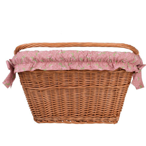 5. Rear view of handmade wicker bike basket with pink floral fabric liner, showcasing rectangular shape and durability