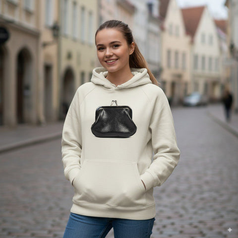 1. Woman wearing white hoodie with black leather coin purse design, standing on cobblestone street