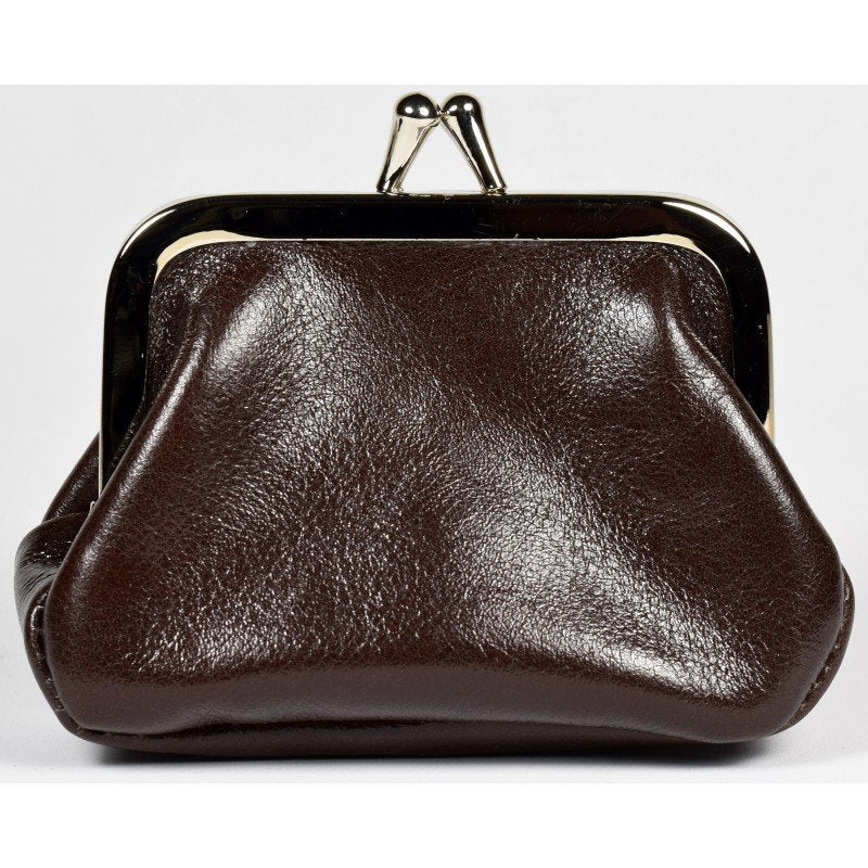 2. Dark brown leather coin purse with metal clasp on white background, handmade by Papillon