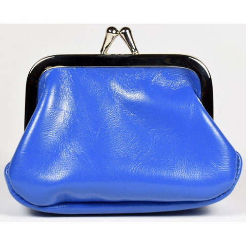 2. Blue leather coin purse with metal clasp on white background, handmade by Papillon