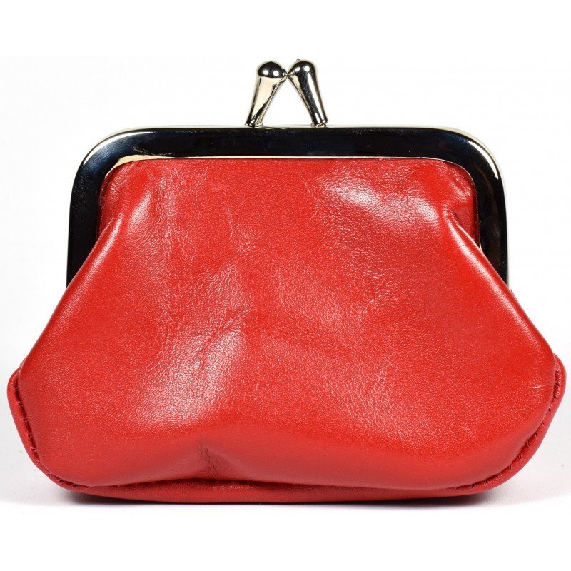 2. Red leather coin purse with metal clasp on white background, handmade by Papillon