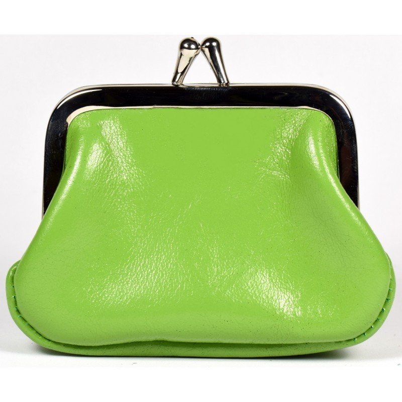 2. Green leather coin purse with metal clasp on white background, handmade by Papillon