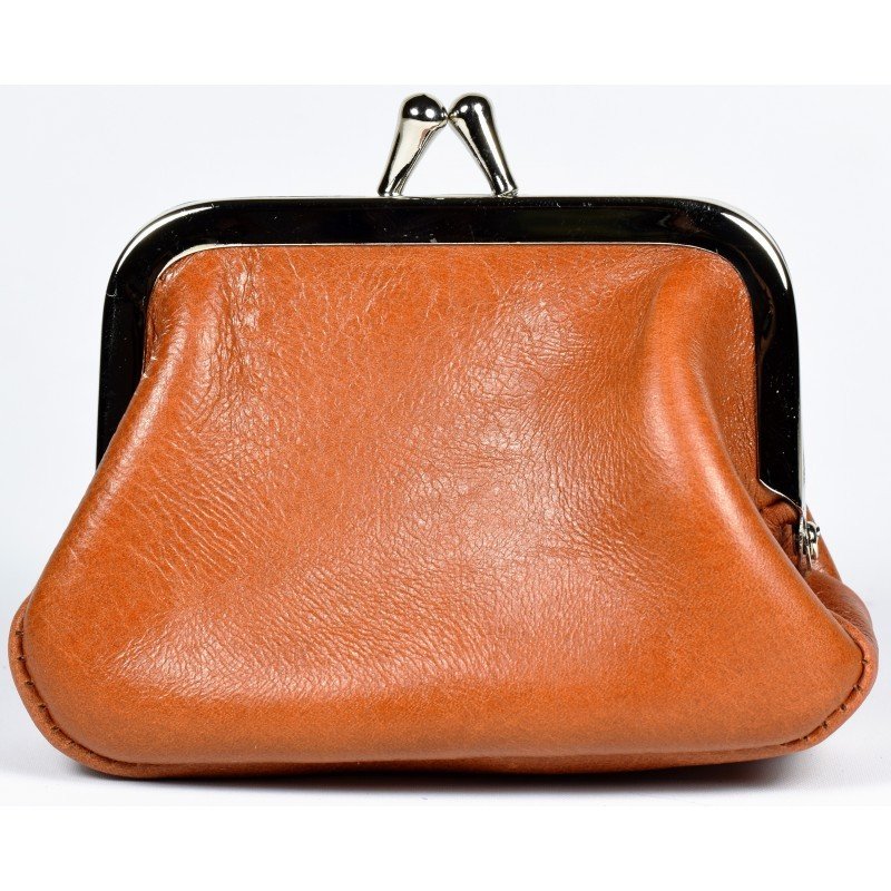 2. Brown leather coin purse with metal clasp on white background, handmade by Papillon