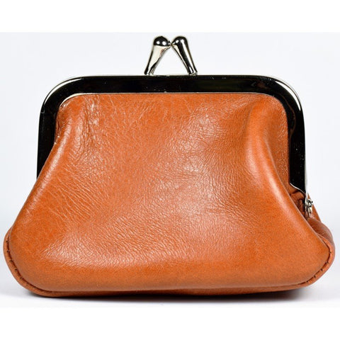 2. Brown leather coin purse with metal clasp on white background, handmade by Papillon