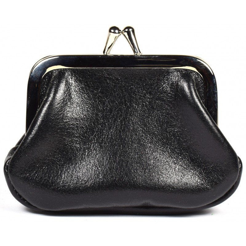 2. Black leather coin purse with metal clasp on white background, handmade by Papillon