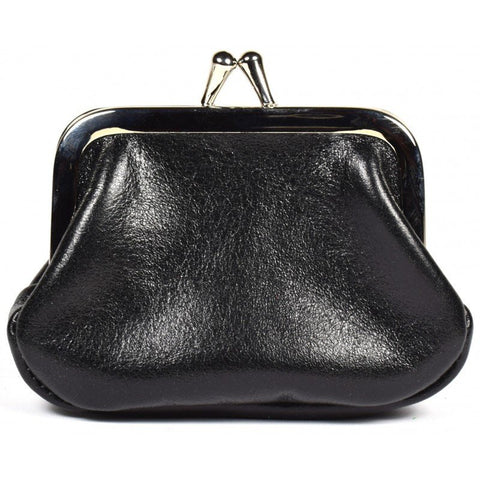 2. Black leather coin purse with metal clasp on white background, handmade by Papillon
