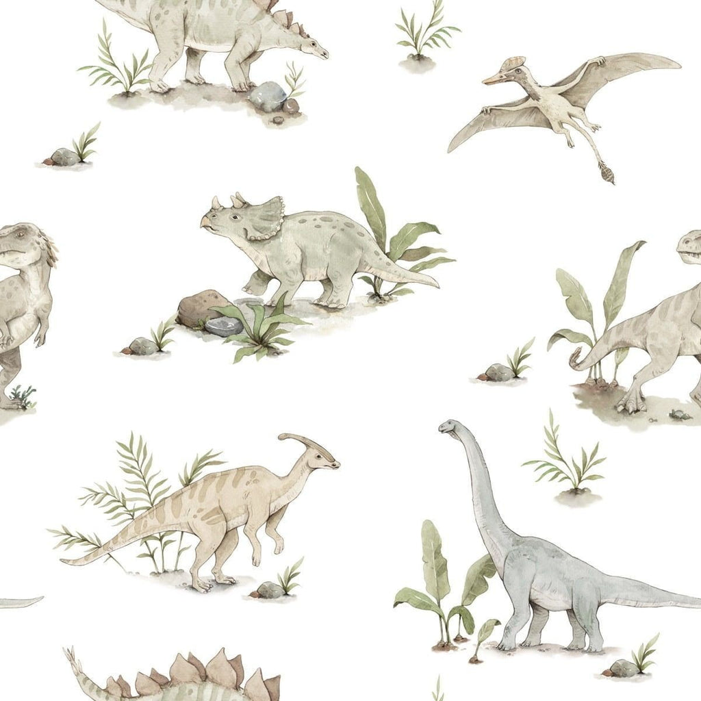 3. Close-up of dinosaur wallpaper with Stegosaurus, Triceratops, Pterosaur, and Diplodocus in soft colors