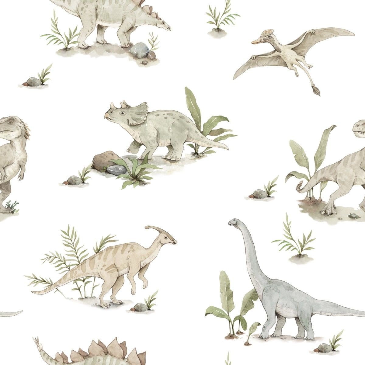 3. Close-up of dinosaur wallpaper with Stegosaurus, Triceratops, Pterosaur, and Diplodocus in soft colors