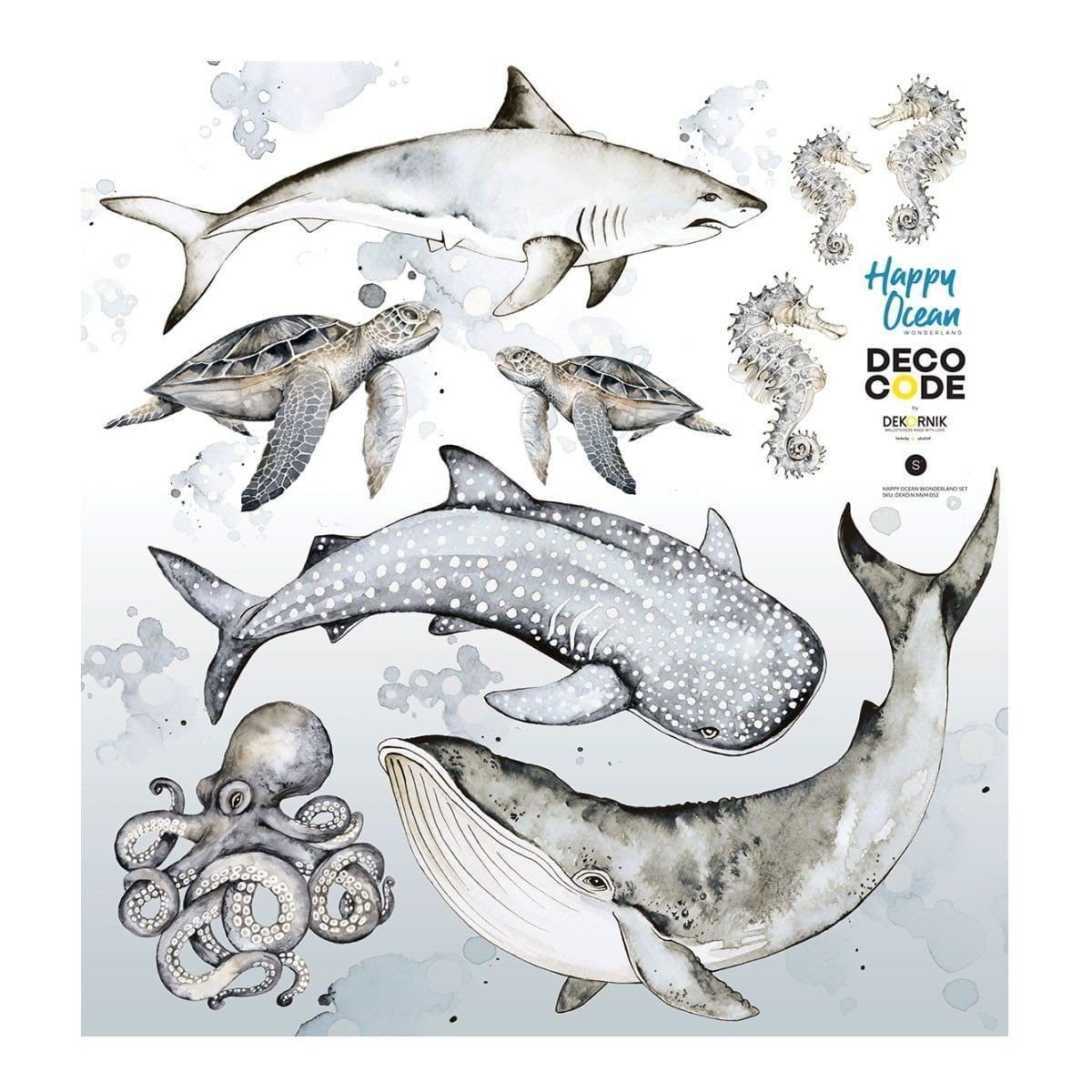 4. Flat lay of Happy Ocean Wonderland wall stickers set with shark, whale shark, turtles, seahorses, octopus, and whale on white background